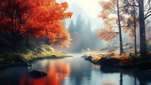 Autumn river valley in misty mountains at sunrise glow.