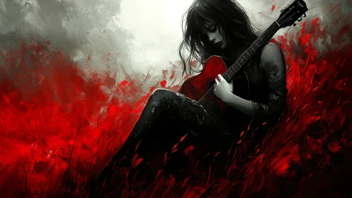 Gothic balladist cradles scarlet guitar in stormborn field.
