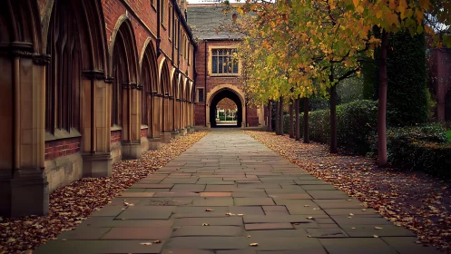 Collegiate stone walkway framed by arches and autumn foliage.