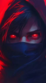 Mysterious red eyed rogue wrapped in shadowed neon glow.