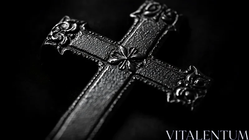 Black metal cross shows ornate gothic relief on velvet ground