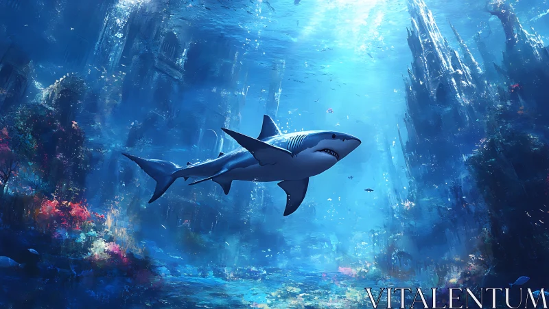 Shark swimming in blue underwater ruins environment.