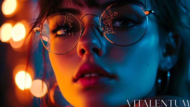 Neon-lit gaze behind glass, where city bokeh paints dreams.