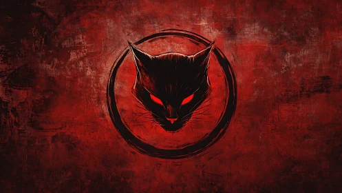 Crimson feral cat emblem glows within rough ink circle.