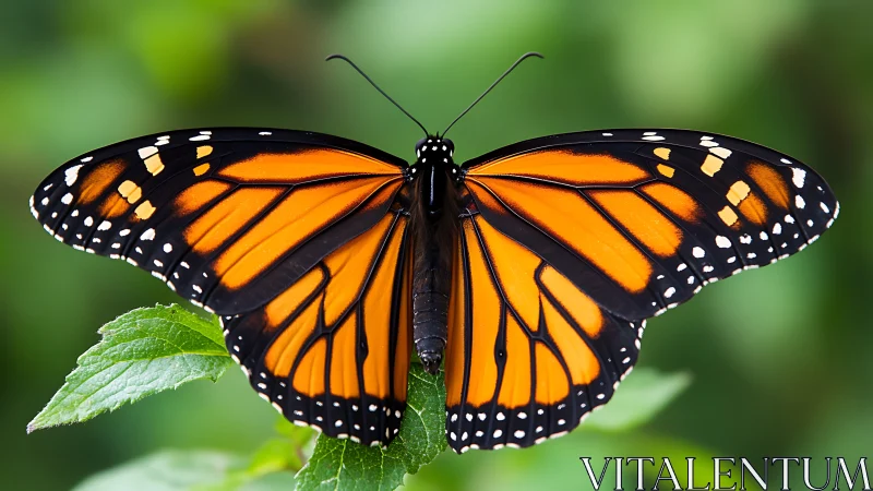 Monarch butterfly rests on leaf with vivid orange wings.