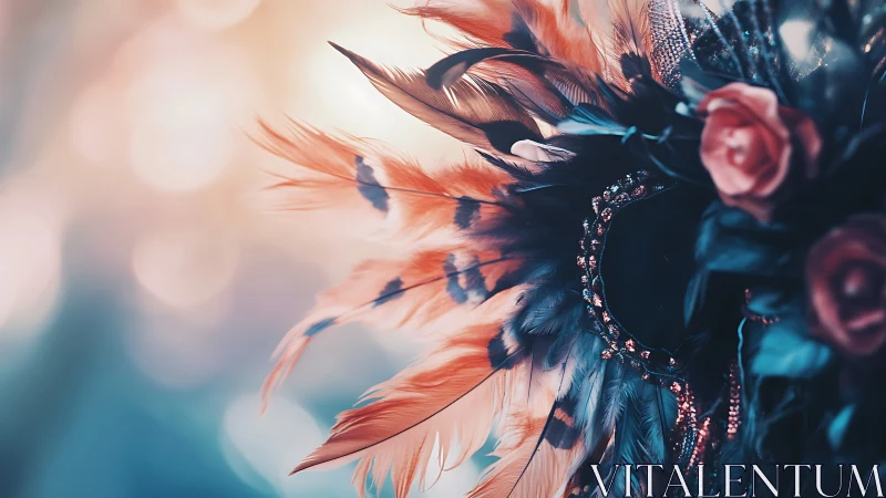 Feathered masquerade mask with rose accents in bokeh light.