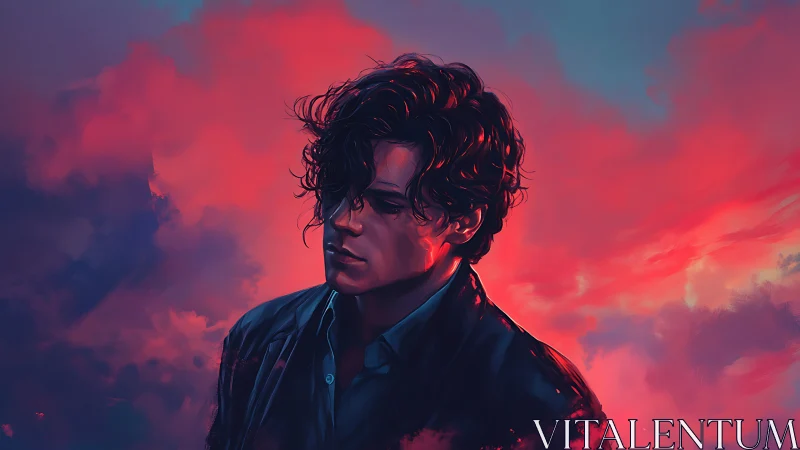 Digital painting portrait with neon dusk cloudscape backdrop.