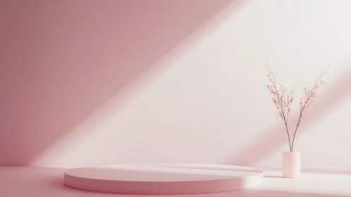 Soft pink pedestal and gentle floral shadows in quiet light.
