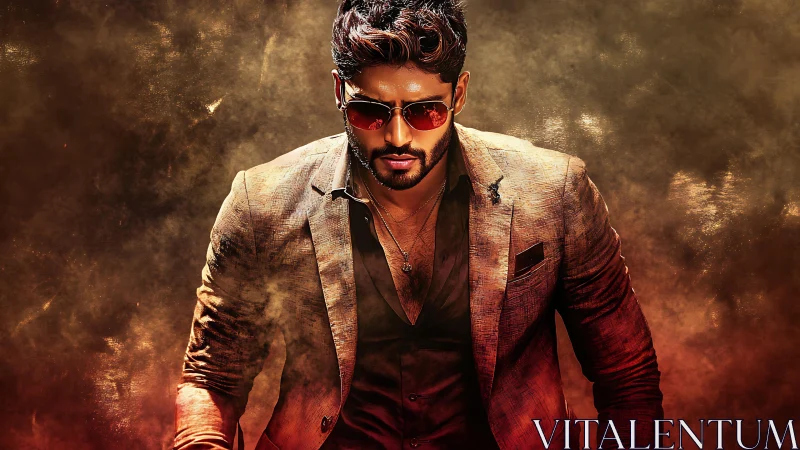 Man in brown suit and sunglasses against smoky backdrop.