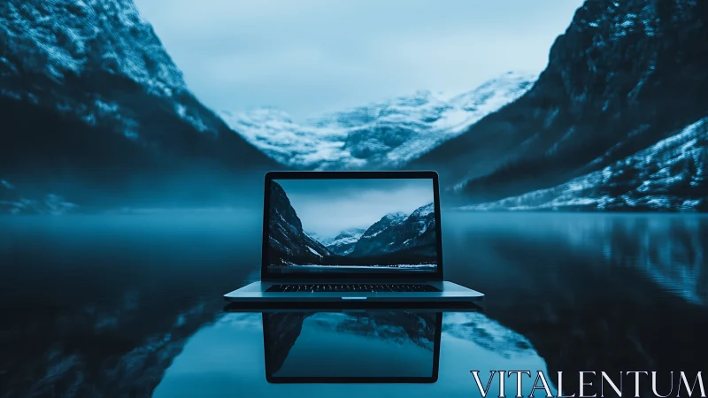 Laptop window opens onto a tranquil mirrored mountain lake.