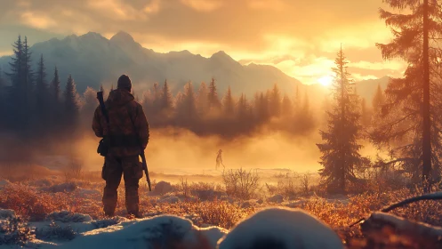 Armed figure surveys misty alpine valley under warm backlit sunrise