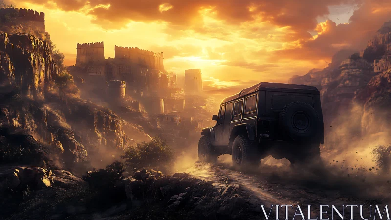 Off road jeep storming canyon road toward sunlit fortress.