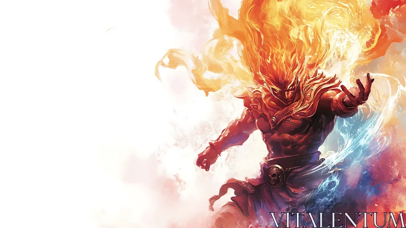 Elemental fire warrior in dynamic colored digital scene.