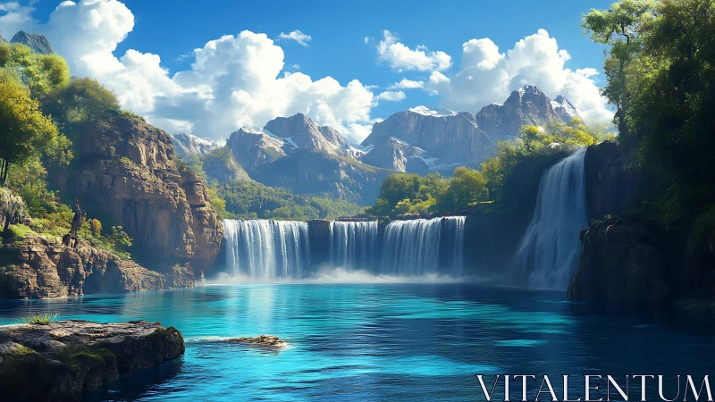 Luminous mountain cascade pouring into tranquil azure lagoon.