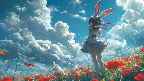 Anime rabbit girl in poppy field under dramatic sky.