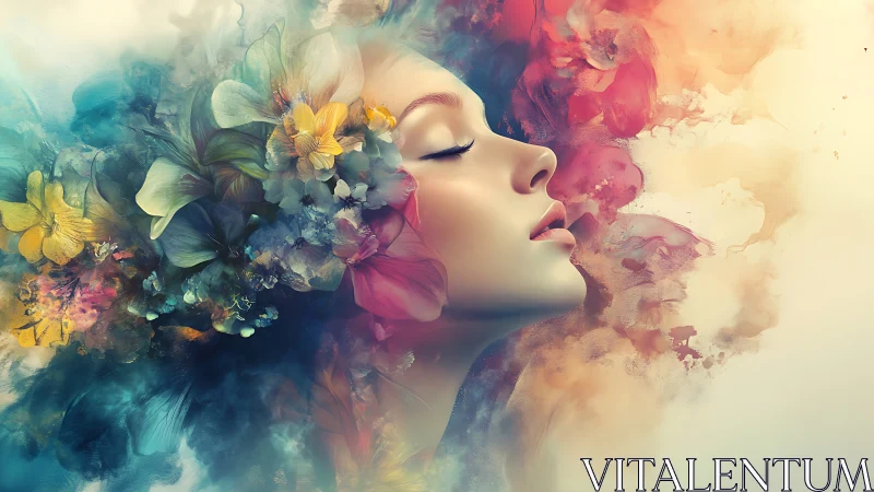 Dreaming face drifts through blooming watercolor galaxies