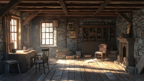 Sunlit stone study where dust, books, and silence converse.