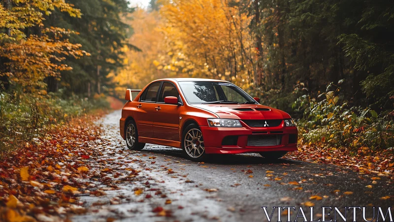 Red Mitsubishi Lancer Evolution parked on wet autumn forest road