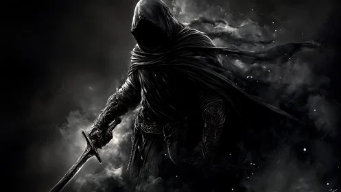 Shadow wraith swordsman emerges from swirling black mist.