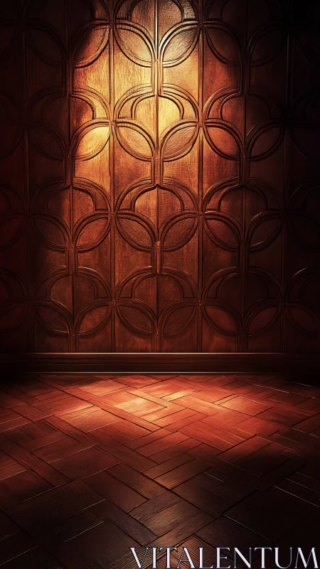 Ornate wood panel wall with illuminated parquet floor study.