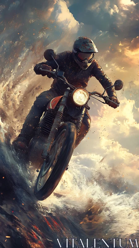 Motorcyclist powers through crashing water and spray.