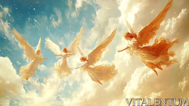 Four robed winged figures in bright clouded sky scene.