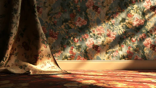 Sunlit floral curtain and wallpaper in a cozy corner.