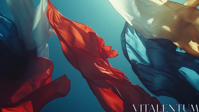 Colorful fabric flags waving against clear blue sky.