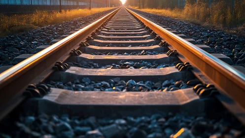 Railway tracks extend into distance under low warm sunlight