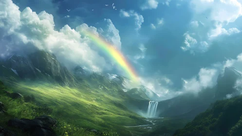 Luminous rainbow arching above misty valley waterfall panorama.