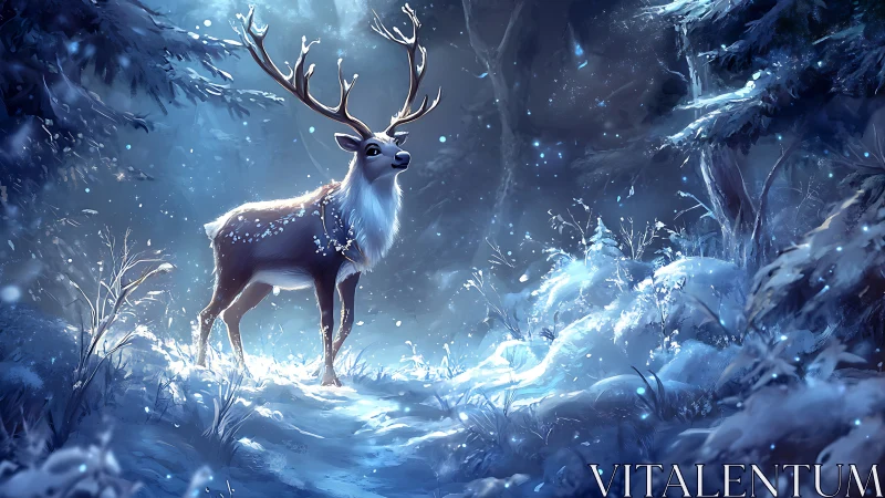 Majestic winter stag glows under moonlit forest snow.
