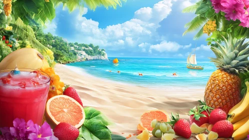 Tropical Beach Paradise with Exotic Fruits and Coastal Serenity.