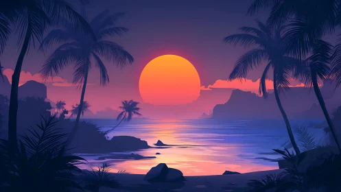 Vibrant tropical sunset floods a calm palm-framed shoreline