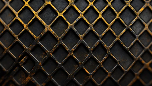Weathered diamond metal grid presents rusted, high-relief geometry