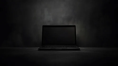 Silent laptop glows faintly in a brooding digital void.