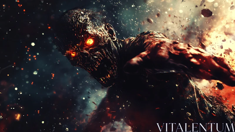 Infernal zombie lunges through a storm of molten embers.