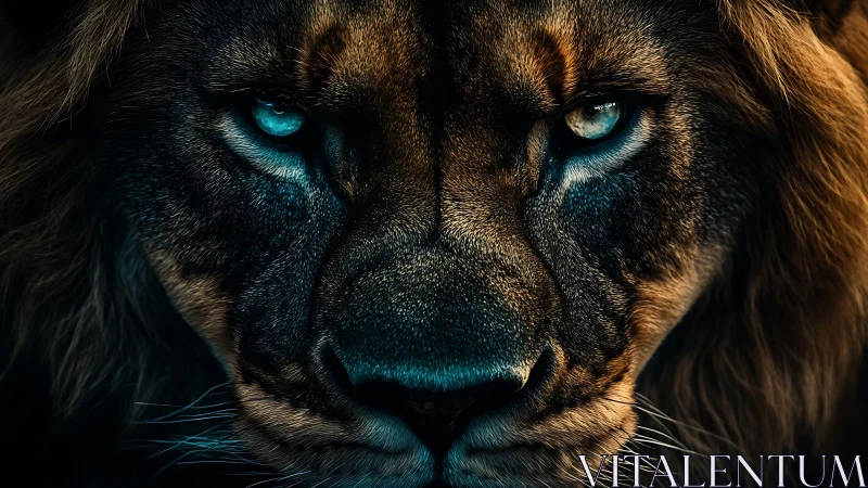 Cinematic low key close up portrait of lion with teal lighting