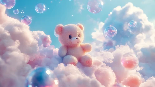 Plush teddy bear on pastel clouds with floating bubbles.