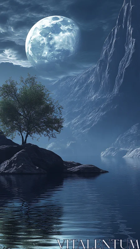 Moonlit lake with rocky shore and distant mountain ridge.