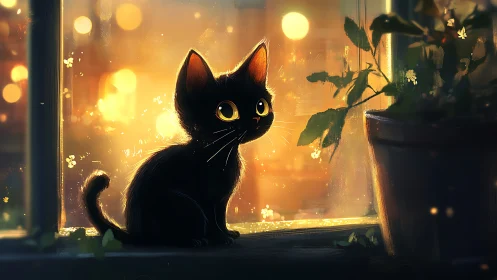 Black Cat Seated at Window During Evening Daylight