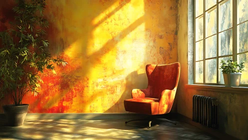 Sunlit velvet lounge chair in warm textured corner interior