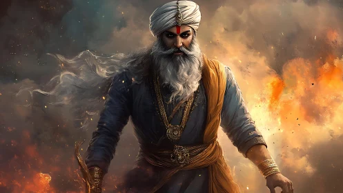 Warrior elder in turban walking through fiery battlefield.