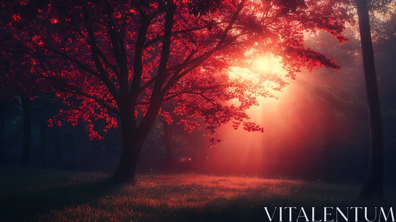 Crimson sunlit tree sipping dawnfire in a misty grove.