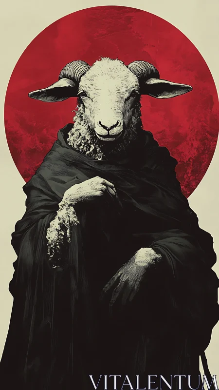 Regal ram in dark robes before a crimson eclipse circle.