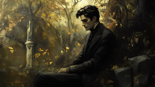 Solitary man sits on stone bench in dense autumn garden