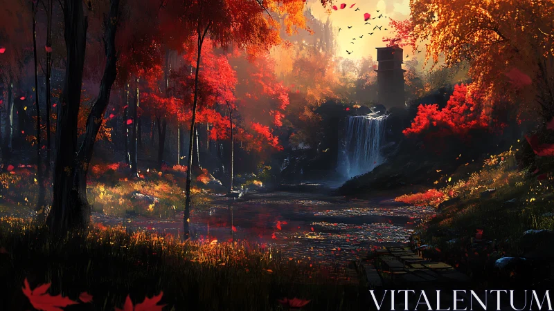 Autumn Wasteland: Tower Silhouette Over Cascading Falls.