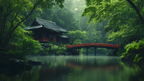 Mist-laden Japanese garden with vermilion bridge and lakeside shrine