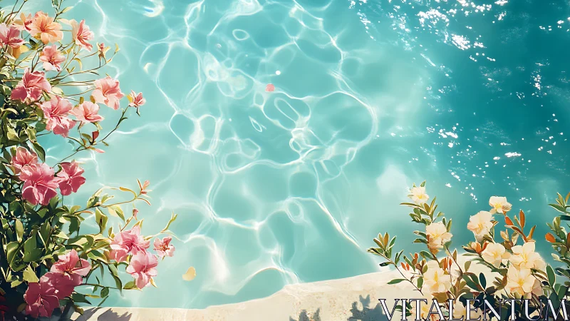 Sunlit poolside blossoms swaying over crystal blue water.