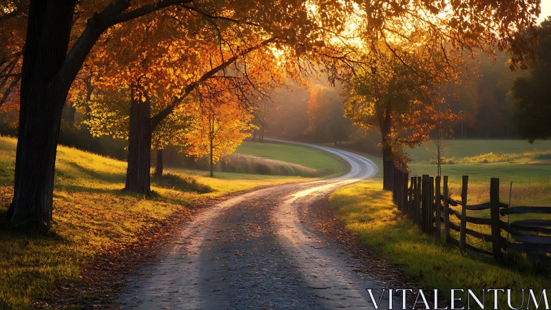 Gravel road curves through autumn trees in low warm light