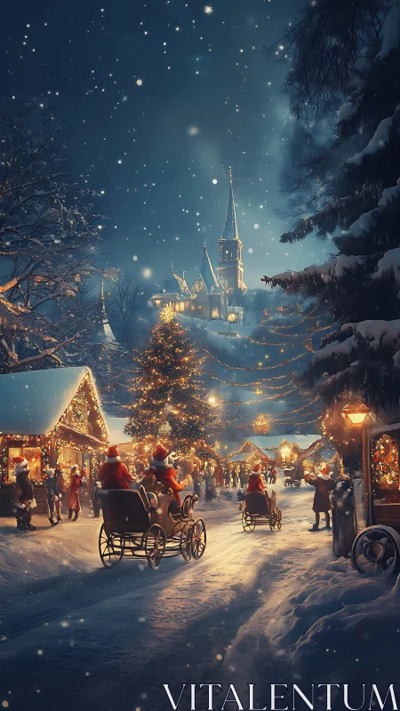 Snowy Christmas village glows under starlit winter sky.